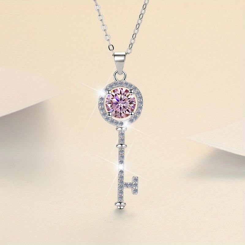 

925 Sterling Silver Necklace With Key Pendant And 1 Carat Moissanite, Clavicle Chain With Pink Moissanite.