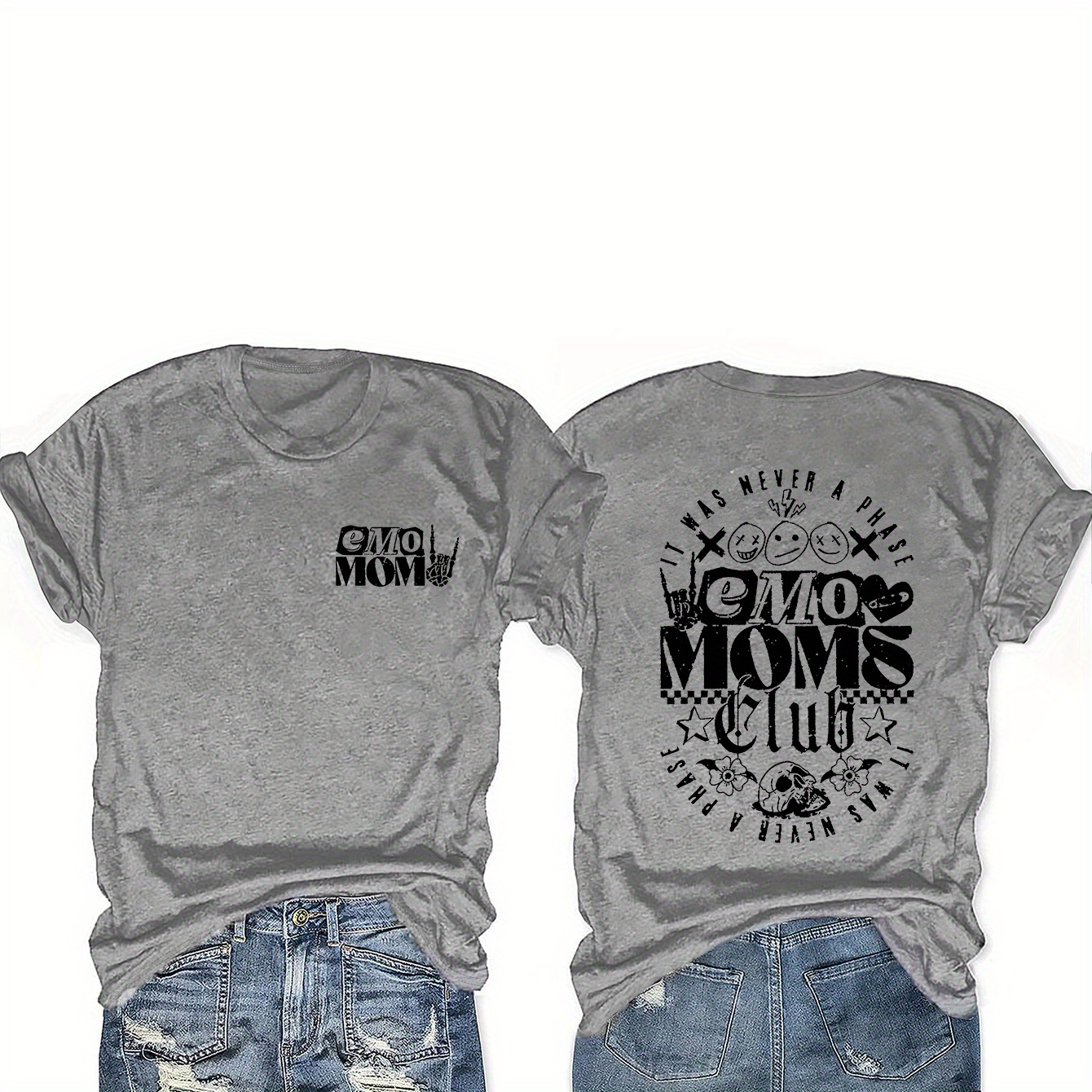 

Emo Mom Print T-shirt, Short Sleeve Crew Neck Casual Top For Summer & Spring, Women's Clothing