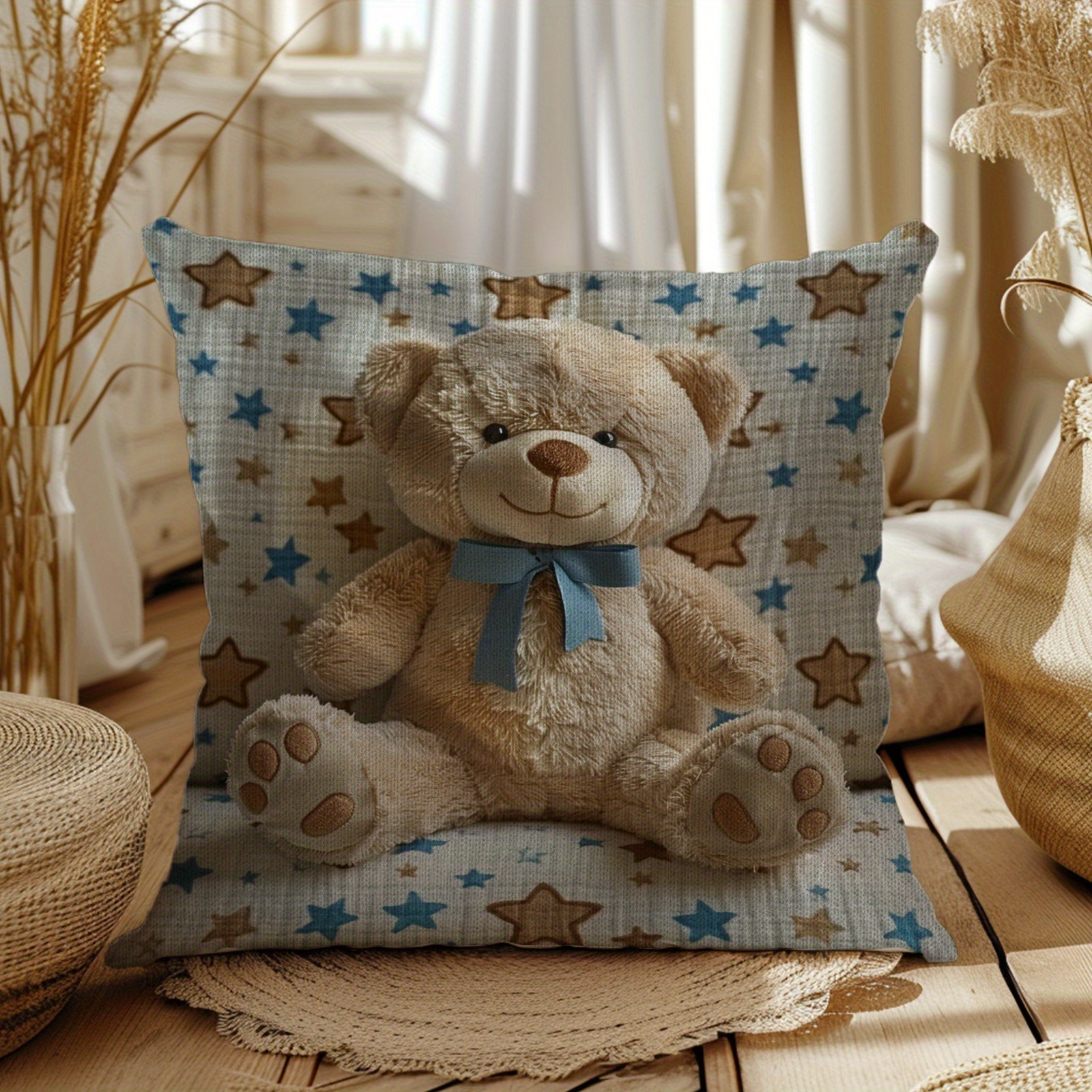

Teddy Bear Print Throw Pillow Cover Set Of 1, Contemporary Style Woven Polyester, Zipper Closure, Machine Washable, 18x18 Inches - Versatile For Sofa, Bed, And Home Decor