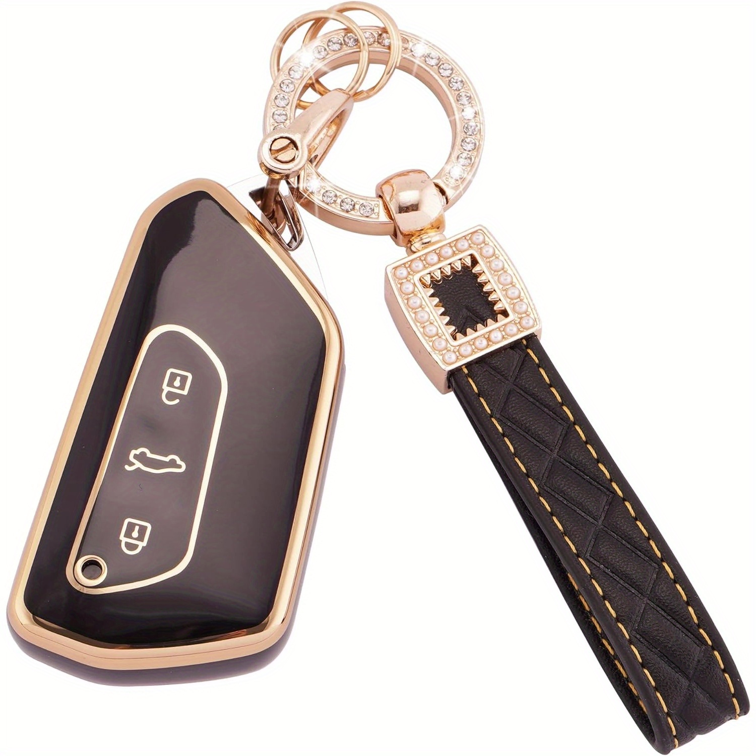 3pcs Key Fob For Vw For Golf 8 Leon 3 Buttons Key Case Soft Tpu Key Shells With Leather Keychain Lanyard Black Golden (bp-vlw-3d)