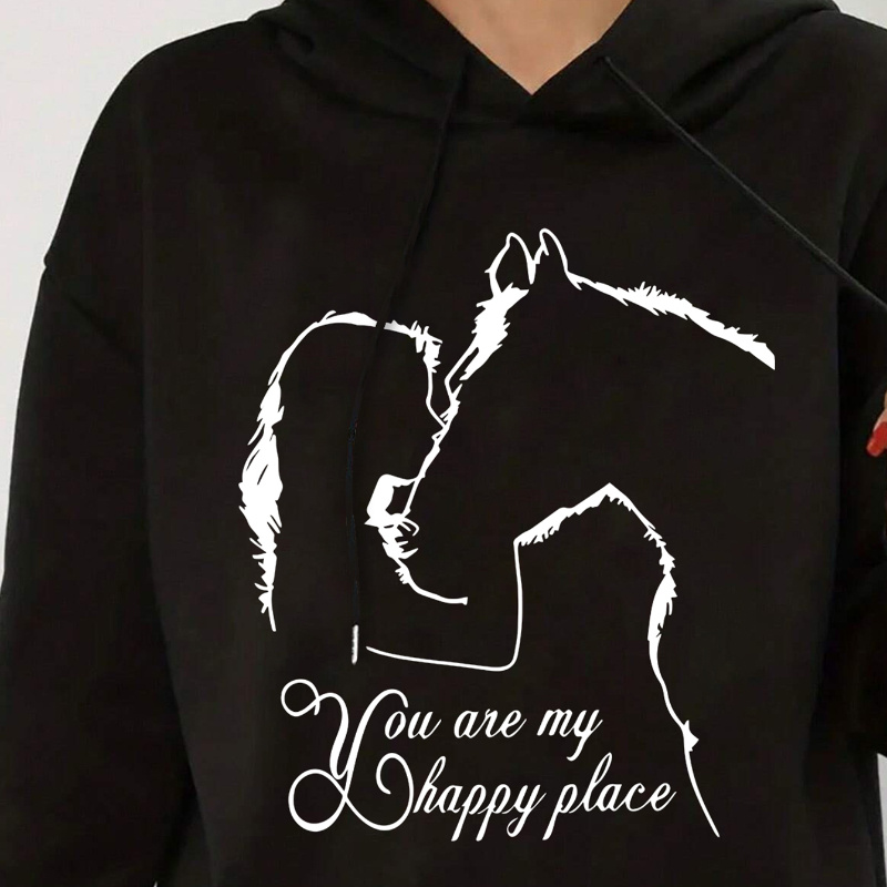 

Character ＆ Horse Print Kangaroo Pocket Hoodie, Casual Long Sleeve Drawstring Hoodies Sweatshirt, Women's Clothing