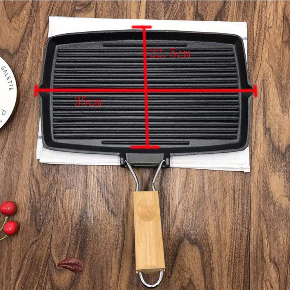 1pc cast iron rectangular grill pan thick non stick frying pan with wooden handle stripe steak bbq picnic cookware hand wash only details 0