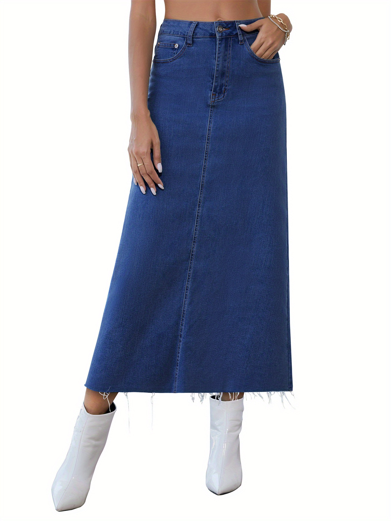 Long Denim Skirts Women High Waisted A Line Jean Skirt - Temu