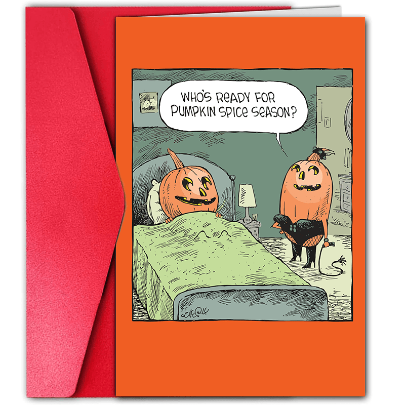 

1pc Pumpkin Spice Themed Halloween Greeting Card With Envelope - Humorous Cartoon Stationery For Adults, High-quality Paper, Fun Card For , Age 14+