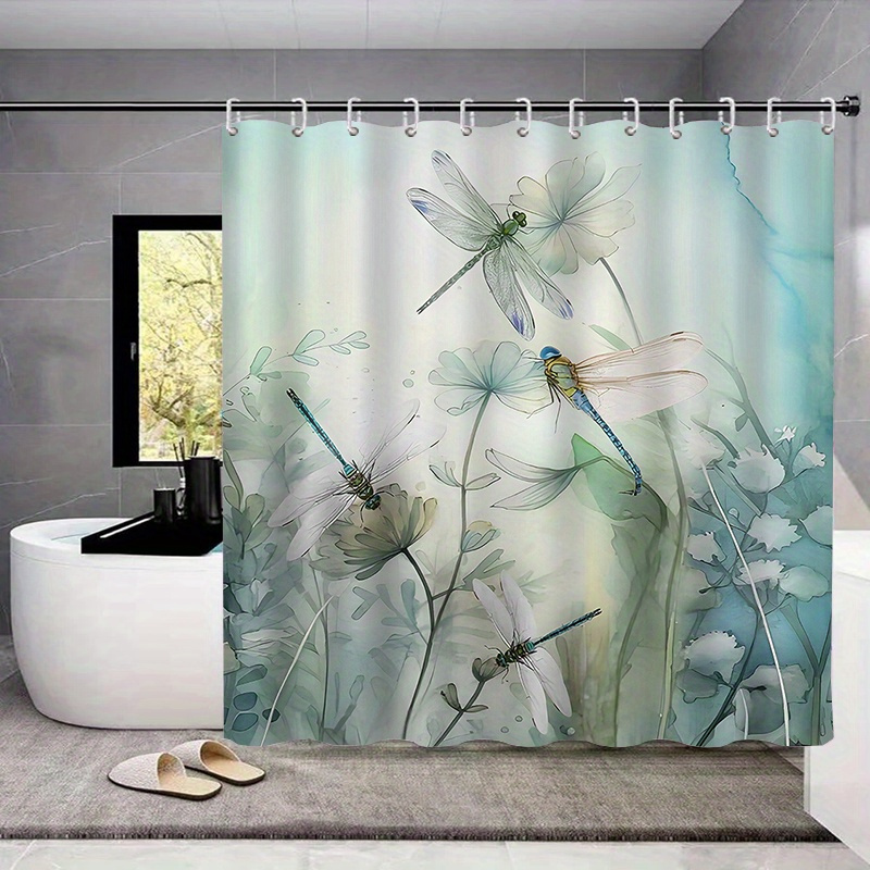 

Water-resistant Woven Polyester Shower Curtain Set With 12 Hooks - Fashion Dragonfly Design Non-slip Bath Mat Toilet Cover Seat - Bathroom Accessories Home Decor