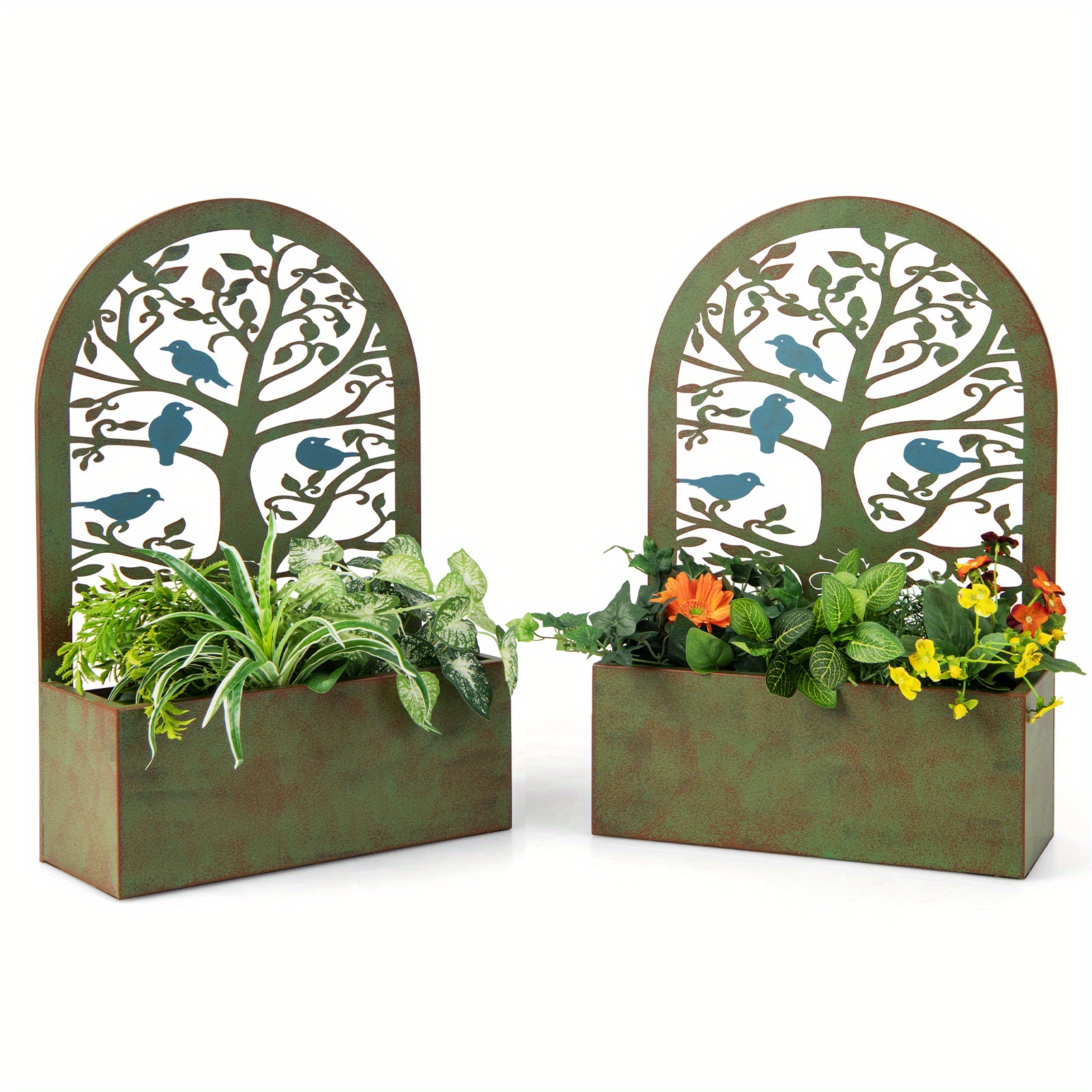

Lifezeal Set Of 2 Decorative Raised Garden Bed Wall-mounted Metal Planter Box W/ Trellis, Flower Pot Stack