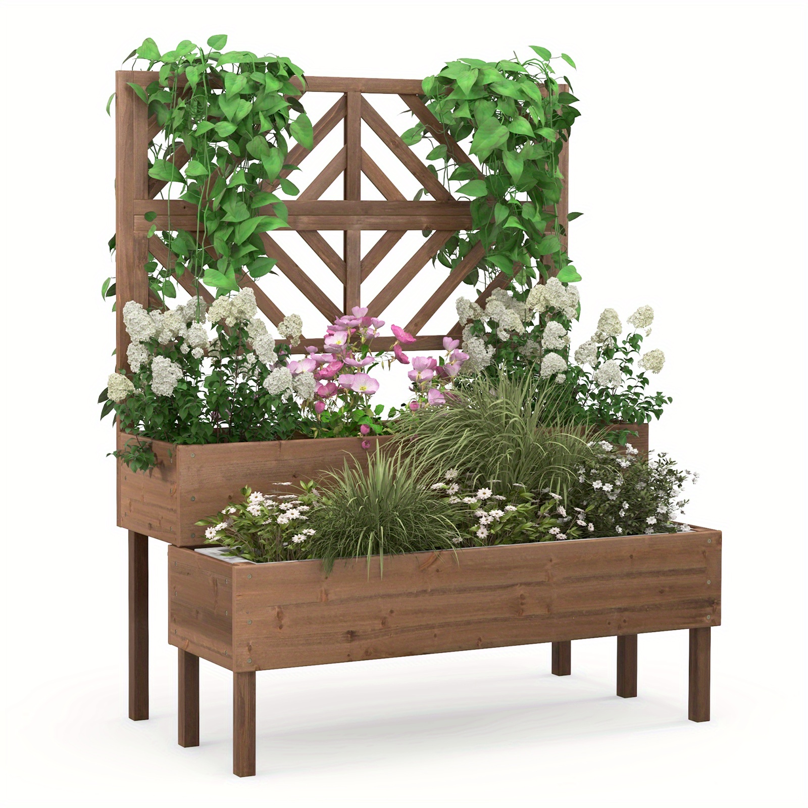 

Lifezeal 2-tier Raised Garden Bed W/ Trellis Wooden Elevated Planter Box For Vegetables