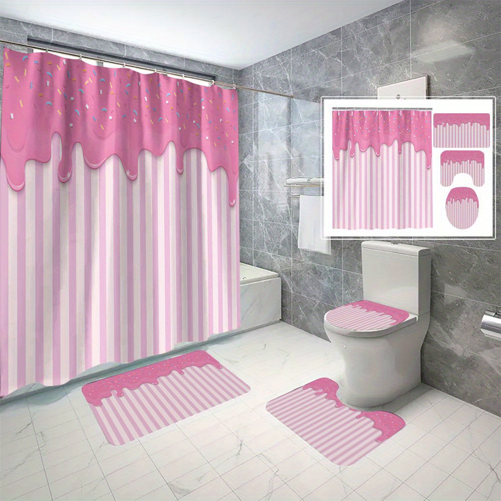 

4pcs Pink Stripe Leopard Pattern Shower Curtain Set With Hooks, Waterproof Shower Curtain, Toilet Cover Mat, Non-slip Bathroom Rug, U-shaped Bath Mat, Bathroom Accessories, Home Decor