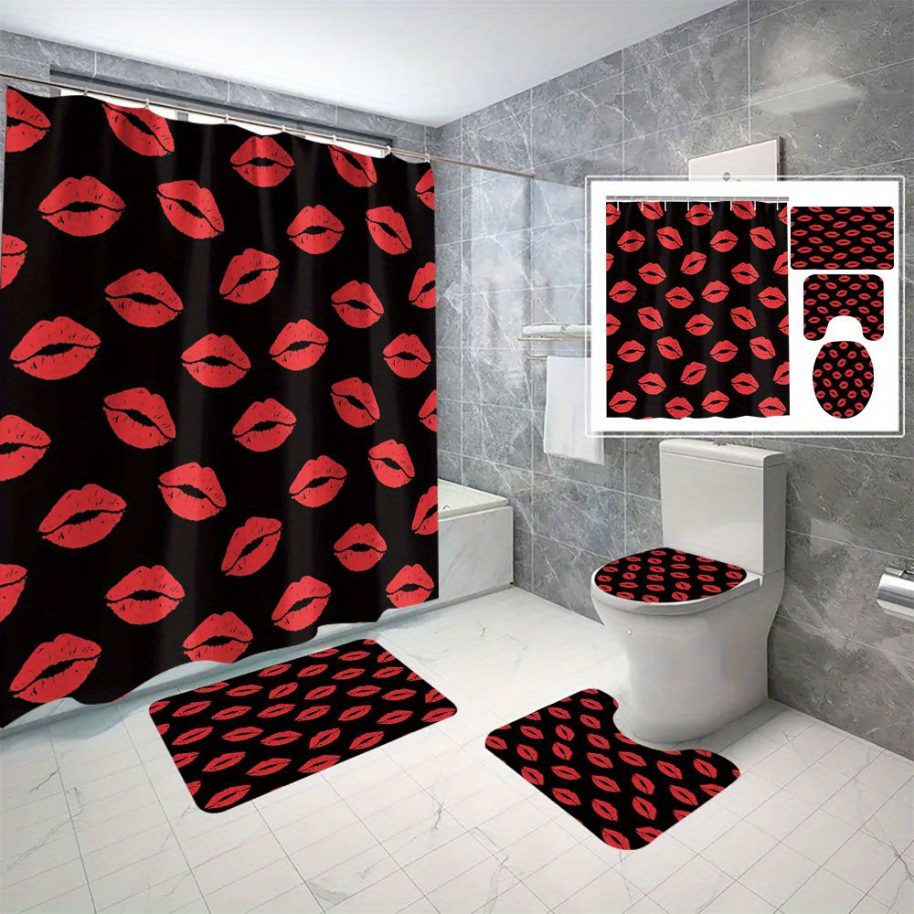 

4-piece Red Lips Digital Print Shower Curtain Set - Waterproof & Mold-resistant Polyester With Hooks, Includes Bath Mat, U-shaped Rug, And Toilet Lid Cover