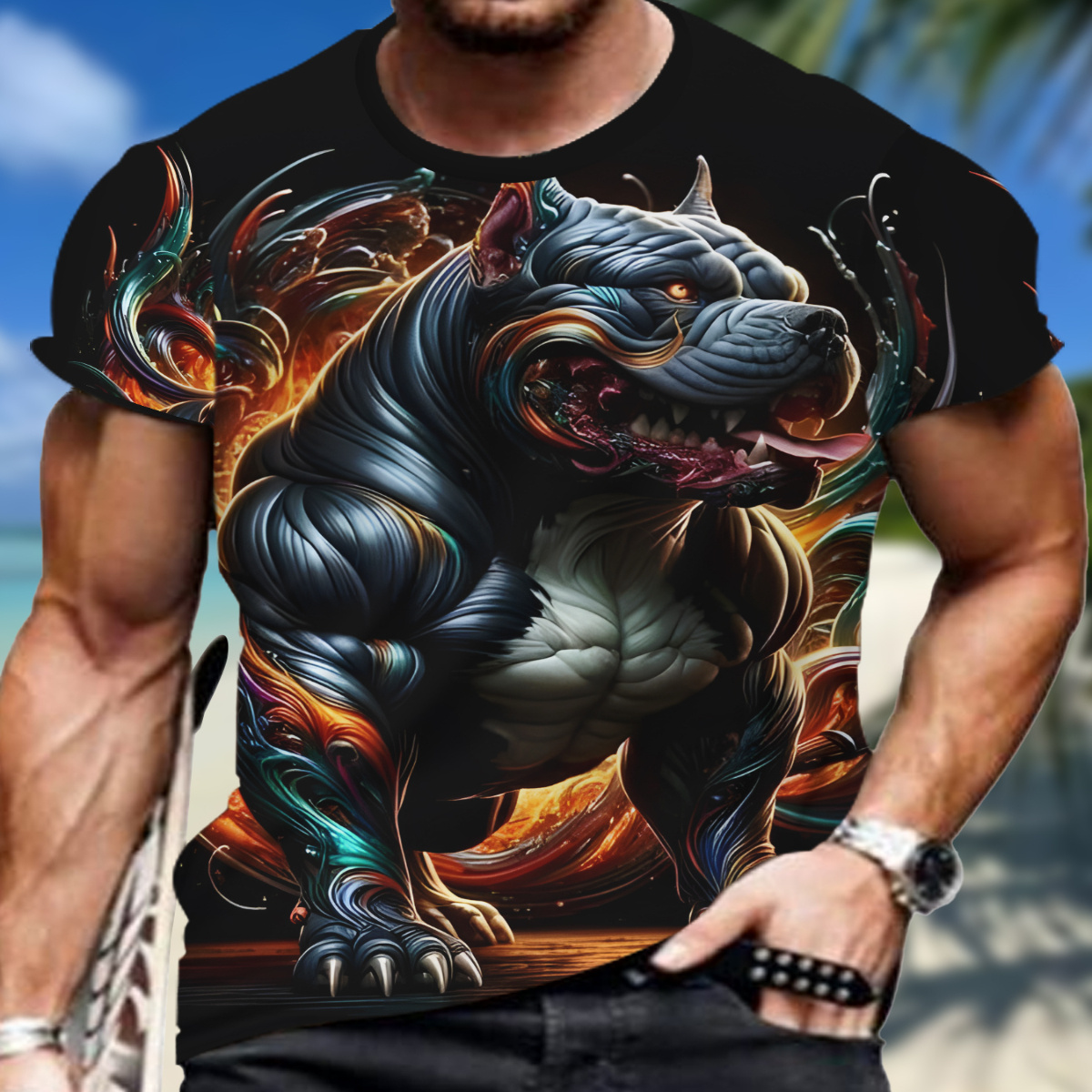 

Men's Dog Graphic Print T-shirt, Short Sleeve Crew Neck Tee, Men's Clothing For Summer Outdoor