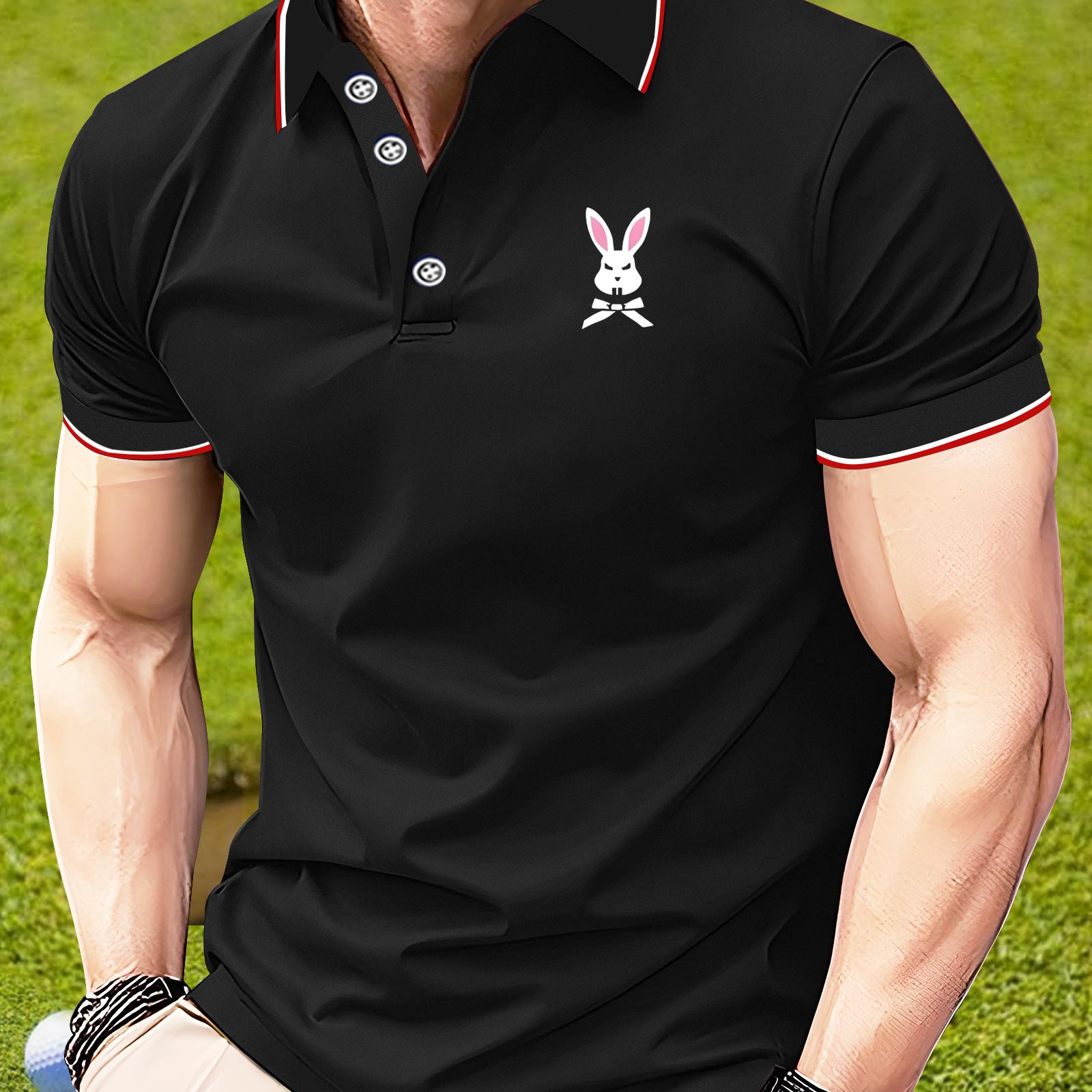 

Funny Rabbit Print Men's Trendy New Henley T-shirt, Fashion Short Sleeve Casual Golf Tee, Comfy Breathable Lapel Business Top For Spring Summer Tennis Outdoor Activities Holiday As Gifts