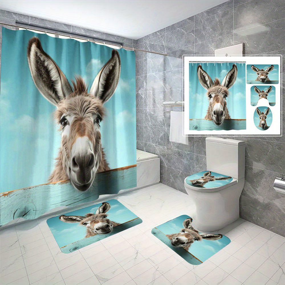 

4pcs Donkey Pattern Shower Curtain Set With Hooks, Waterproof Shower Curtain, Toilet Cover Mat, Non-slip Bathroom Rug, U-shaped Bath Mat, Bathroom Decor Accessories