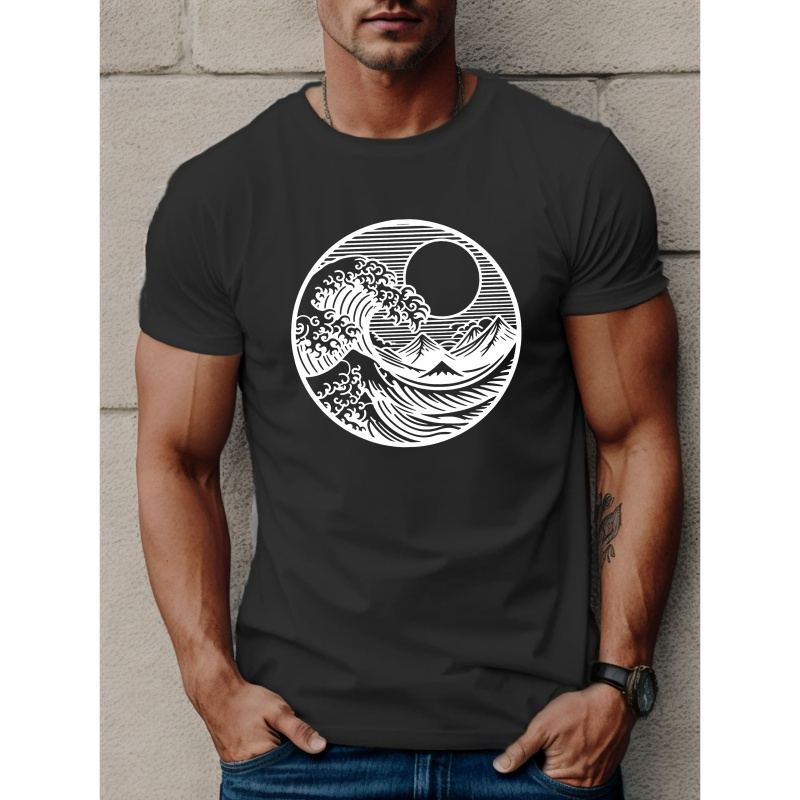 

Waves Print T-shirt, Men's Stylish & Breathable Street Fashion, Versatile Lightweight Comfy Top, Casual Crew Neck Short Sleeve T-shirt For Summer
