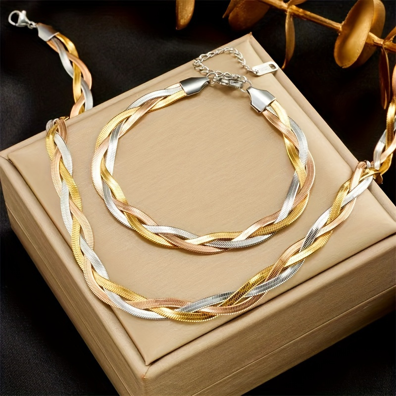 TEMU 2pcs Gold Stainless Steel Jewelry Set, Gold-plated Tricolor Hand-woven Design Necklace And Bracelet, Ins Simple, Fashionable, Casual, Trendy,