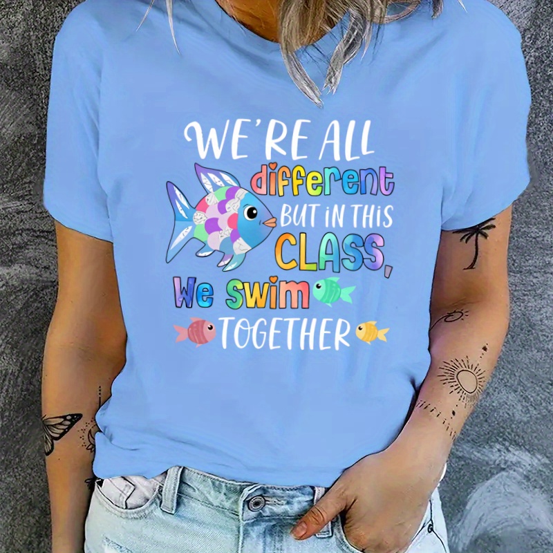 

Cartoon Fish & Slogan Print Comfy T-shirt, Round Neck Short Sleeve Sports Tee, Women's Activewear