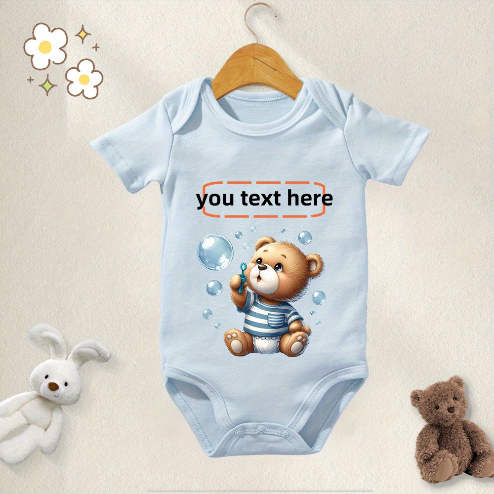 

{personalized}100% Cotton Baby Boys Girls Onesie Customized Text Cute Bear Print Triangle Bodysuit For Newborn Short Sleeves Romper