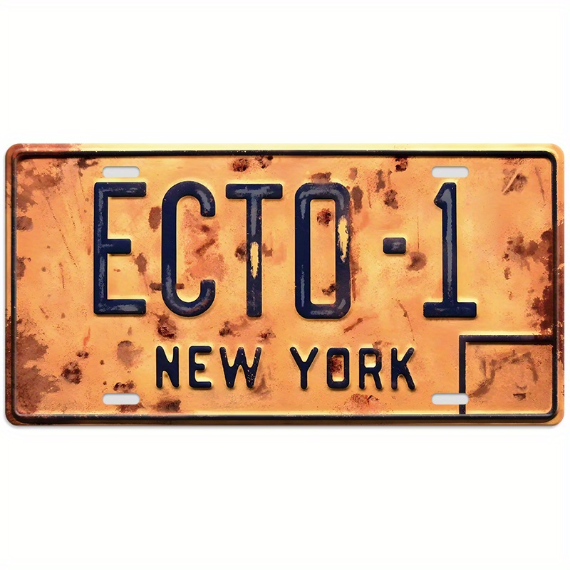 

1pc Ecto-1 New York Vintage License Plate Tin Sign, Iron Wall Decor For Home, Bar, Cafe, Garage, Farmhouse - Rustic Metal Novelty Replica With Pre-drilled Holes