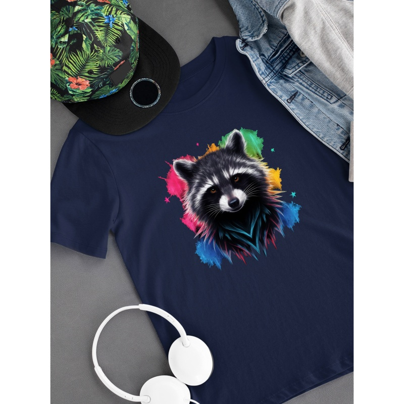 

Fractal Glowing Raccoon Print Simple Slim Fit Pure Cotton Short Sleeved, 100% Cotton T-shirt For Summer, Men's Round Neck Short Sleeved T-shirt, Casual Comfortable Lightweight Top