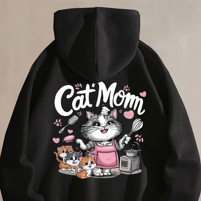 

Women's Plus Size Casual Drawstring Hooded Lounge Top, Cartoon Cat Print Long Sleeve Home Wear Hoodie For Fall & Winter