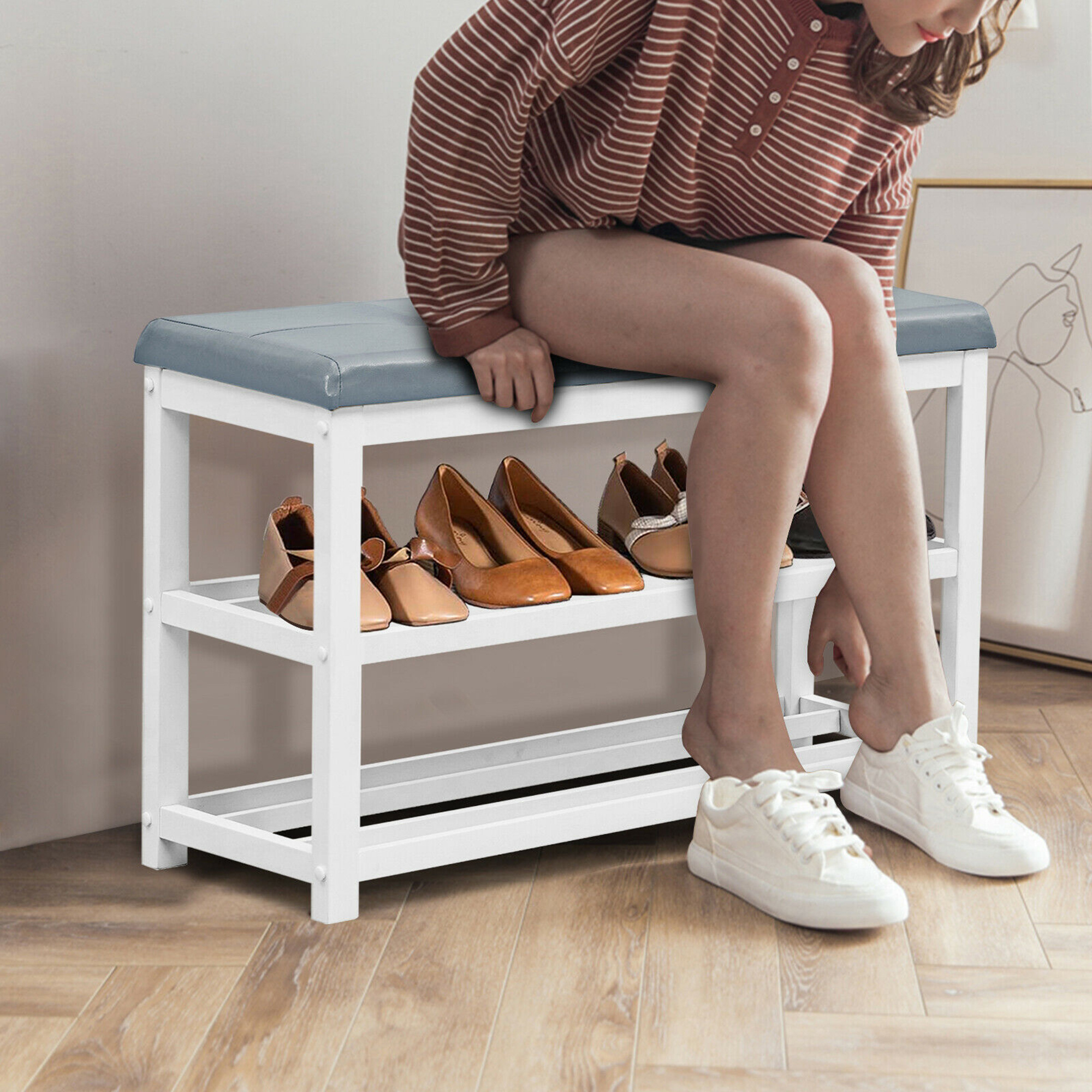 tier wooden shoe rack bench w padded seat entryway Temu