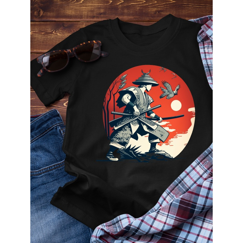 

Samurai Illustration Print Simple Slim Fit Pure Cotton Short Sleeved, 100% Cotton T-shirt For Summer, Men's Round Neck Short Sleeved T-shirt, Casual Comfortable Lightweight Top