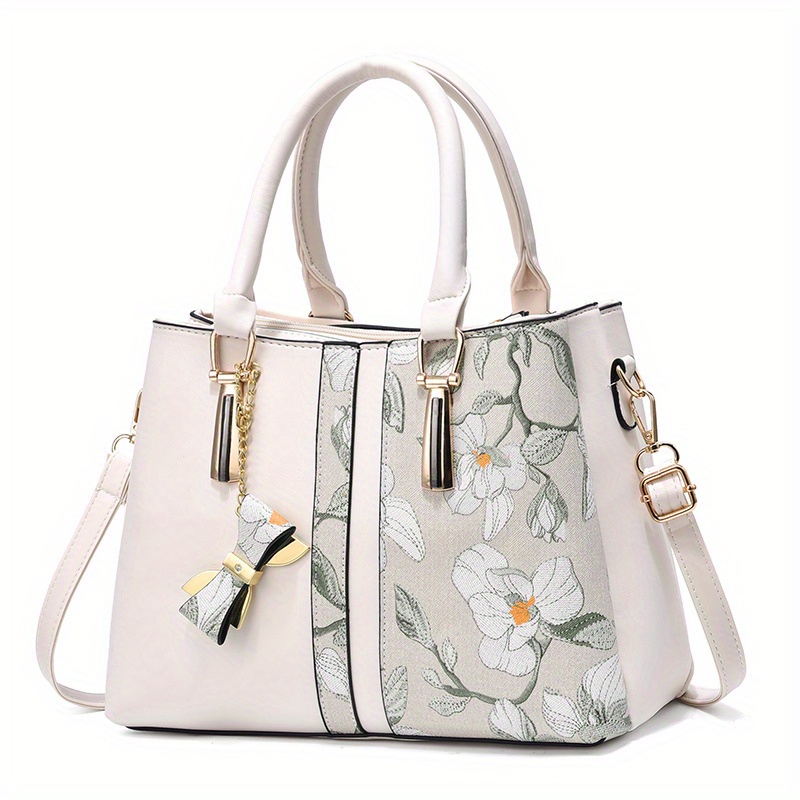 TEMU Elegant Floral 2-way Tote Bag For Women, Premium Top Handle Satchel Purse With Multiple Pockets, Shoulder And Crossbody Bag For Work, Business, Or Shopping