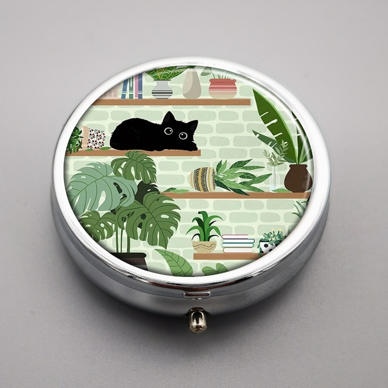 Image of 1pc Pill Box 3 Compartment Pill Case, Portable Pill Box For Pocket Or Purse Pill Box Decorative Metal Medicine Vitamin Organizer, Unique Gift, Black Cat