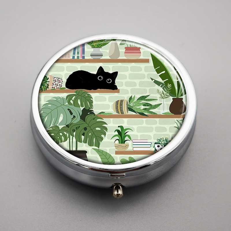 

1pc Black Cat Decorative Metal Pill Box - 3 Compartment Portable Medicine & Vitamin Organizer, Ideal For Purse Or Pocket, Unique Botanical Design, Perfect Gift