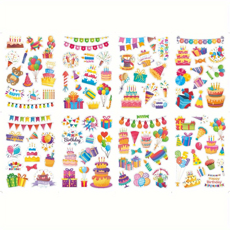 

Birthday Party Stickers Set - 8 Sheets Of Single-use Paper Stickers With Birthday Cakes, Balloons, Gifts, And Banners, Irregular Shapes For Diy Crafts & Party Decor, Suitable For 14+