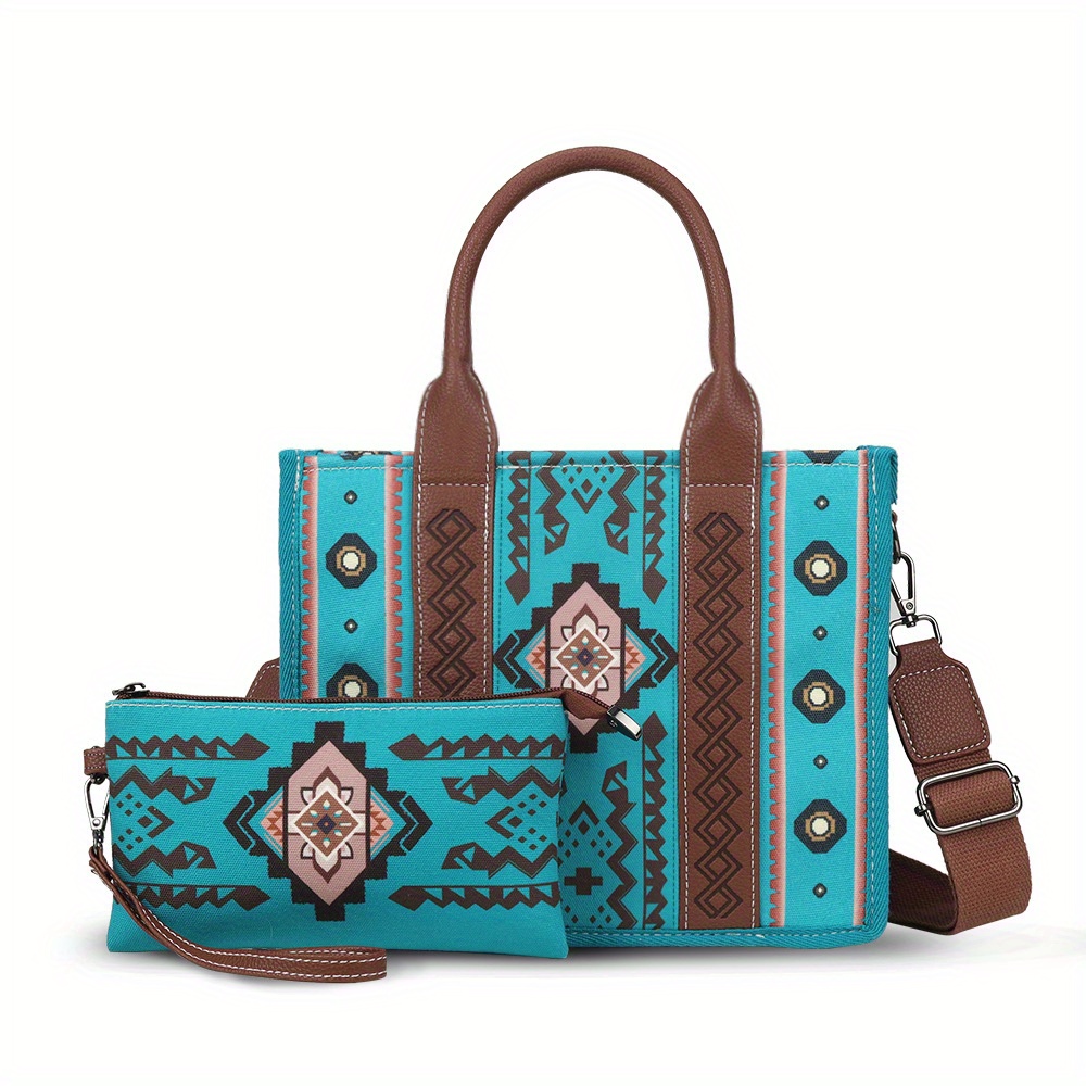 

2pcs/set Retro Top Handle Tote Bag, Bohemian Style Shoulder Bag Satchel With Purse, Women's Retro Handbag, Vintage Style For Beach Summer Vacation