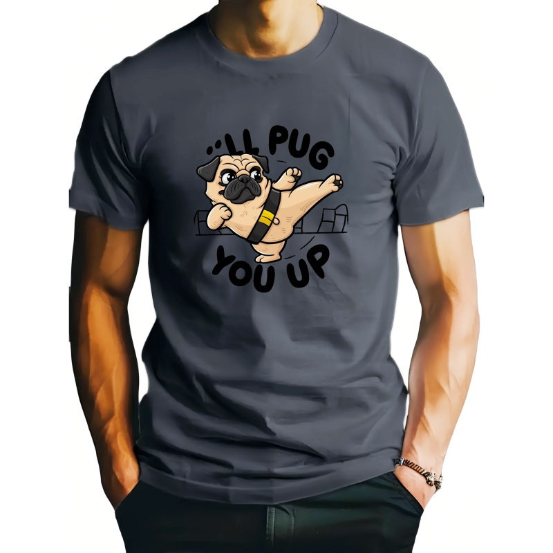 

Kung Fu Pug Graphic Print Men's Creative Top, Casual Short Sleeve Crew Neck T-shirt, Men's Clothing For Summer Outdoor
