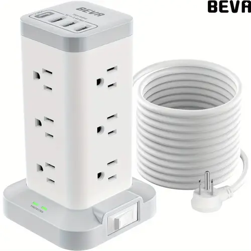 power strip tower with usb ports 16in 1 protector tower 12 ac and 4usb ports 10ft extension cord with multiple outlets charging station for office supplies white