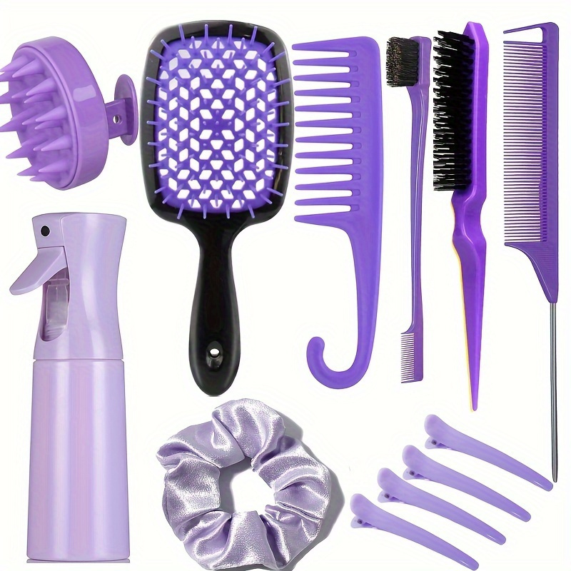 

12-piece Hair Styling Set With Pin-tail Comb For Curly Hair - Includes Massage Brush, Spray Bottle, Detangling & Styling Combs, Scrunchie, And 4 Clips Hair Accessories Hair Styling Tools