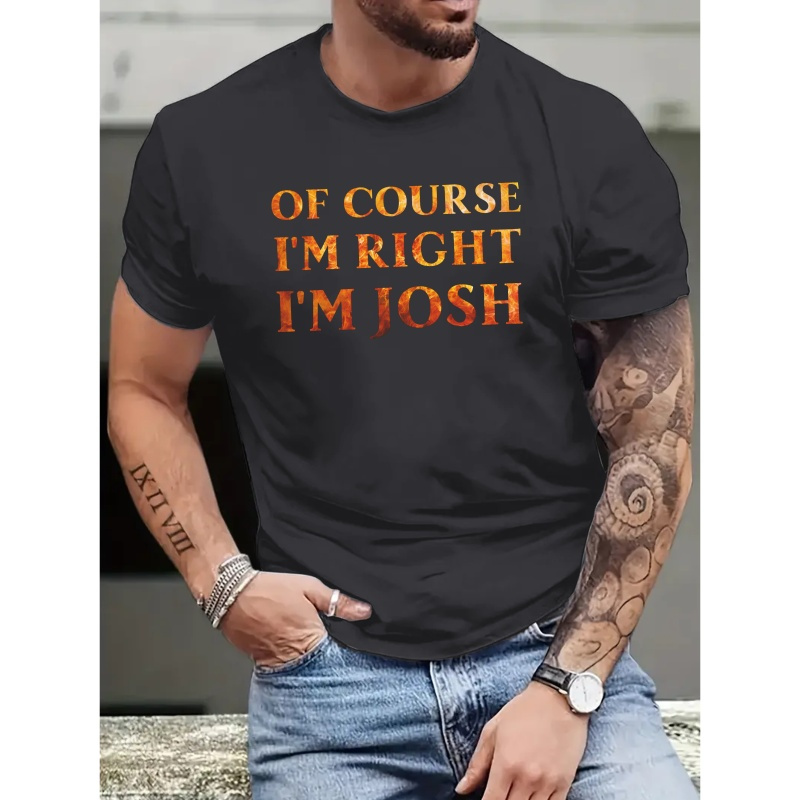 

Right Josh Letter Print Men's Crew Neck Short Sleeve Tees, Casual T-shirt, Summer Slight Stretch Comfortable & Breathable Top For Everyday Wear