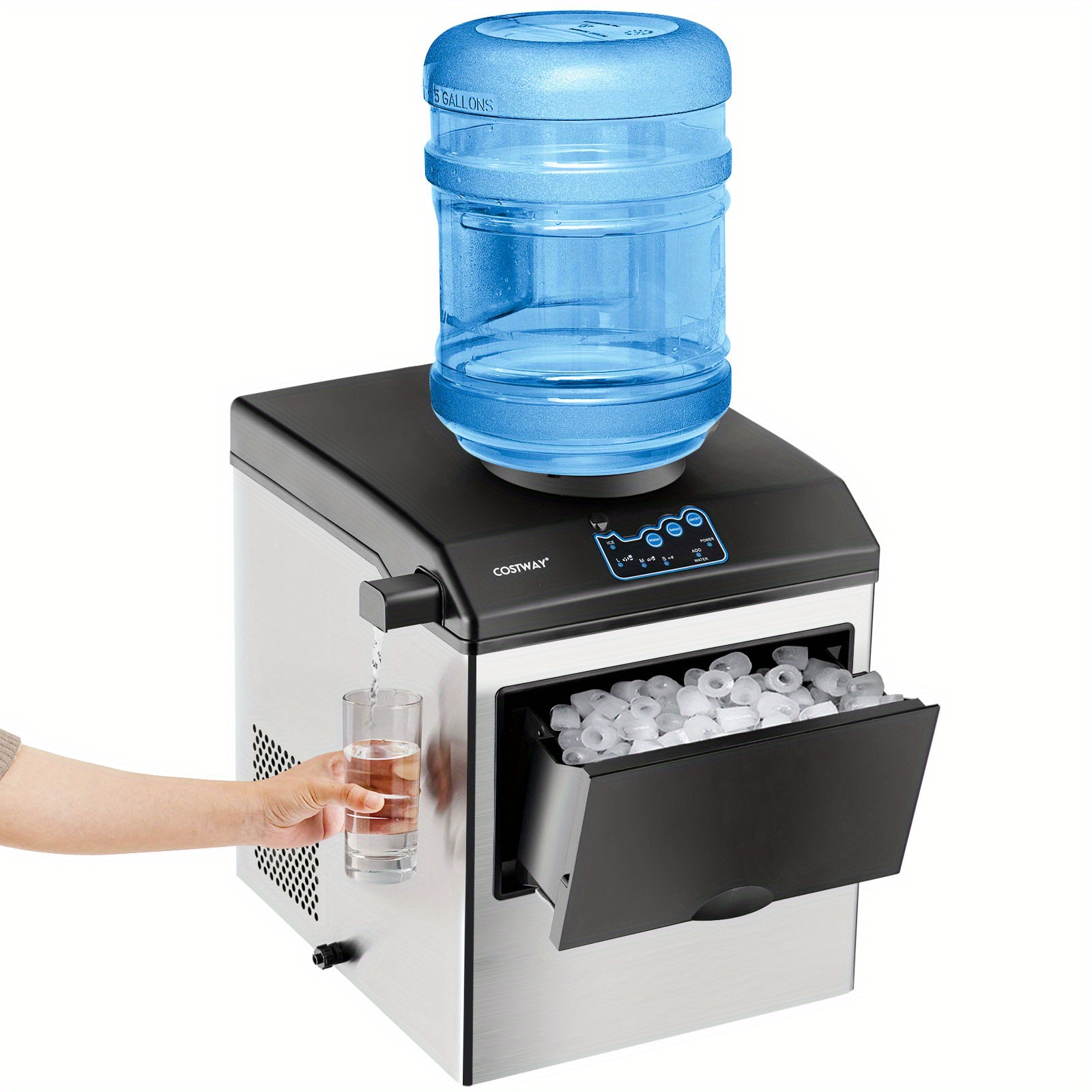 

A Machine That Produces Ice And Dispenses Water Made Of Stainless Steel, With A Capacity Of 48 Pounds Per Day, Including A .