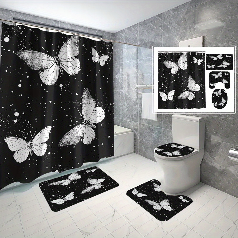 

4 Pieces Black Butterfly Digital Printed Polyester Waterproof Shower Curtain Set With Hooks - Artistic Design, Seasonal Use, Machine Washable, Suitable For All Seasons