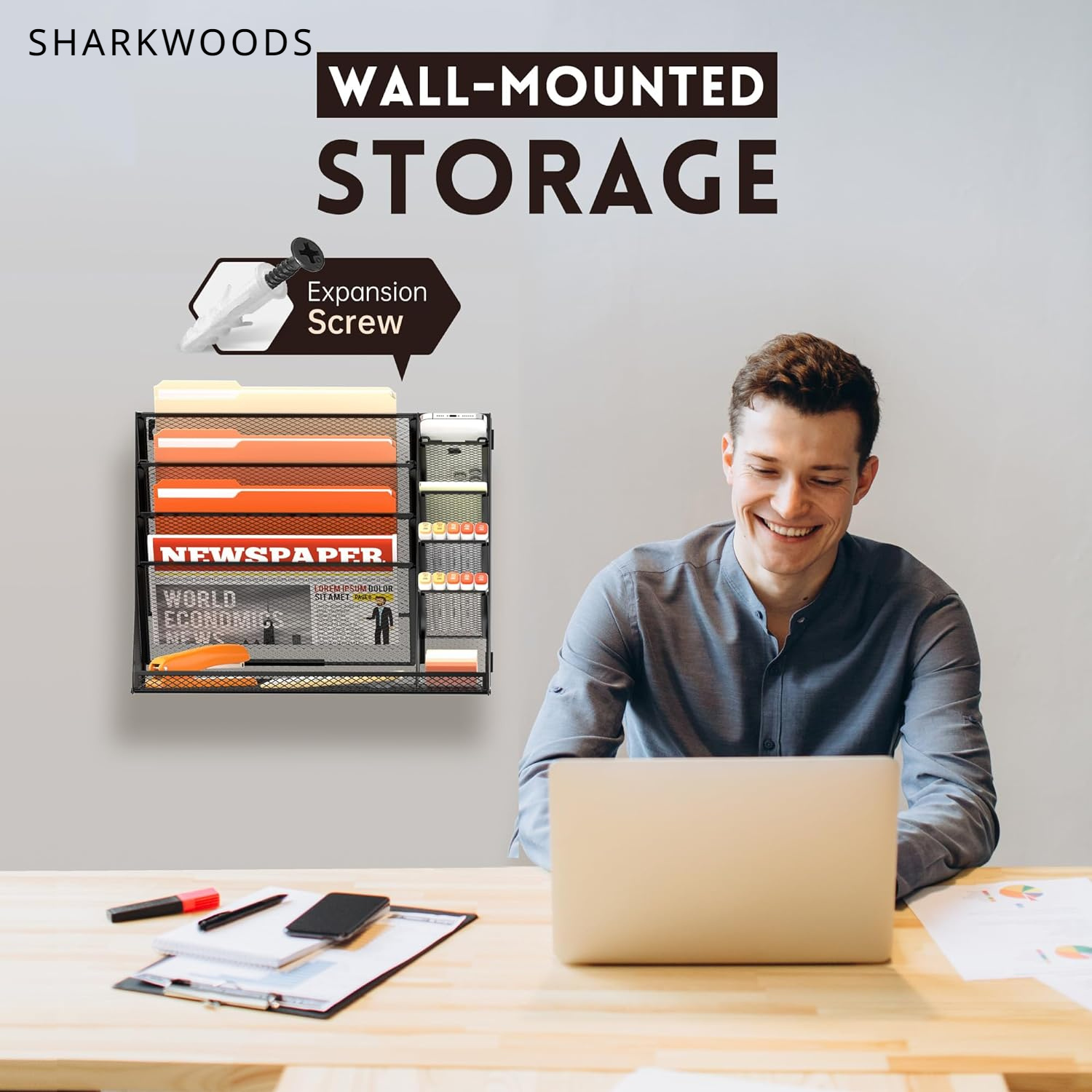 

Sharkwoods Hanging Wall Organizer, 5-tier File Holder & Mail Organizer With Pen Holders, Wall Mount Office Organizer For Home & Office, Space-saving Wall File Organizer And Storage Solution