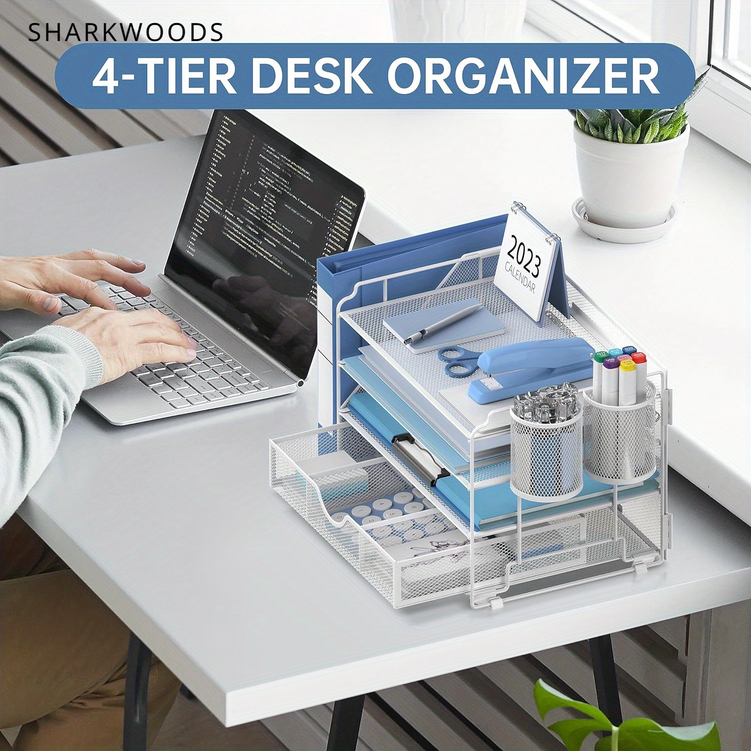 

Sharkwoods Mesh Desk Organizer With File Holder, 4 Trays Letter Tray Paper Organizer With 1 Extra Drawer & 2 Pen Holders, Desk File Organizer With Handle For Office, Paper Sorter