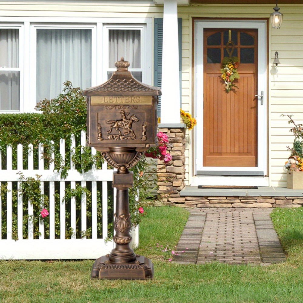 

1pc Cast Aluminum Mailbox With Post, Heavy Duty Postal Box With 2 Keys, Baffle Door, Expansion Bolts, Address Panel, In-ground Large Security Mailbox For Outside, Antique Bronze