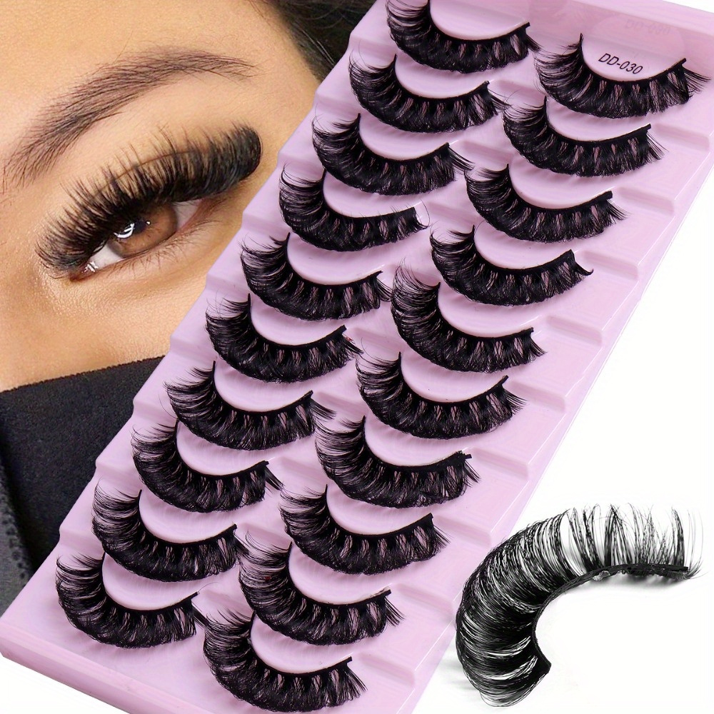 

10 Pairs Luxurious 3d Strip Lashes - Dd , Fluffy & Reusable False Eyelashes, 10-12mm, Odorless, Look, In Pink Tray