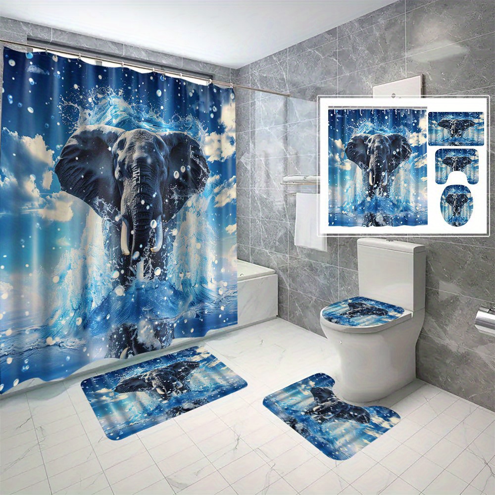 

4 Pieces Ocean Elephant Digital Print Waterproof Polyester Bath Curtain Set With Hooks - Seasonal Animal Theme, Machine Washable, Suitable For All Seasons