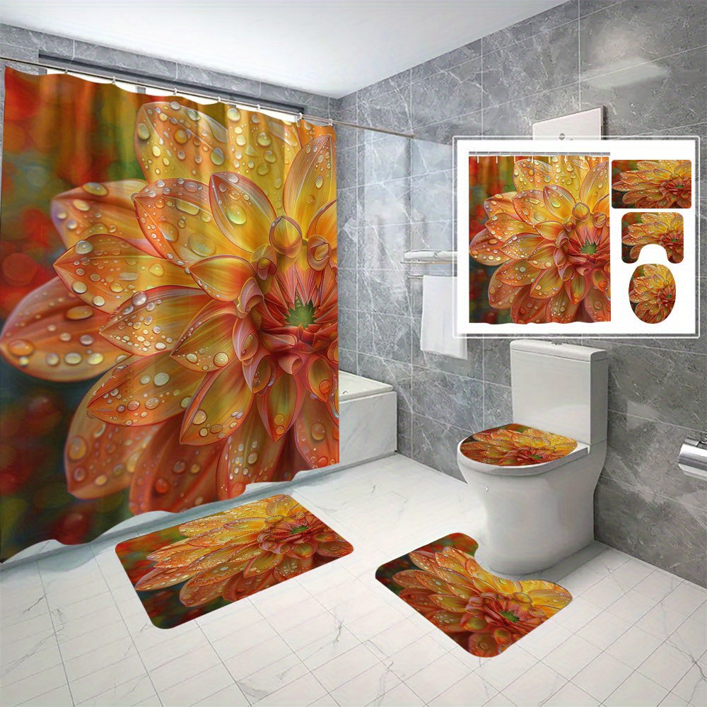 

4pcs Orange Floral Pattern Shower Curtain Set With Hooks, Waterproof Shower Curtain, Toilet Cover Mat, Non-slip Bathroom Rug, U-shaped Bath Mat, Bathroom Decor Accessories
