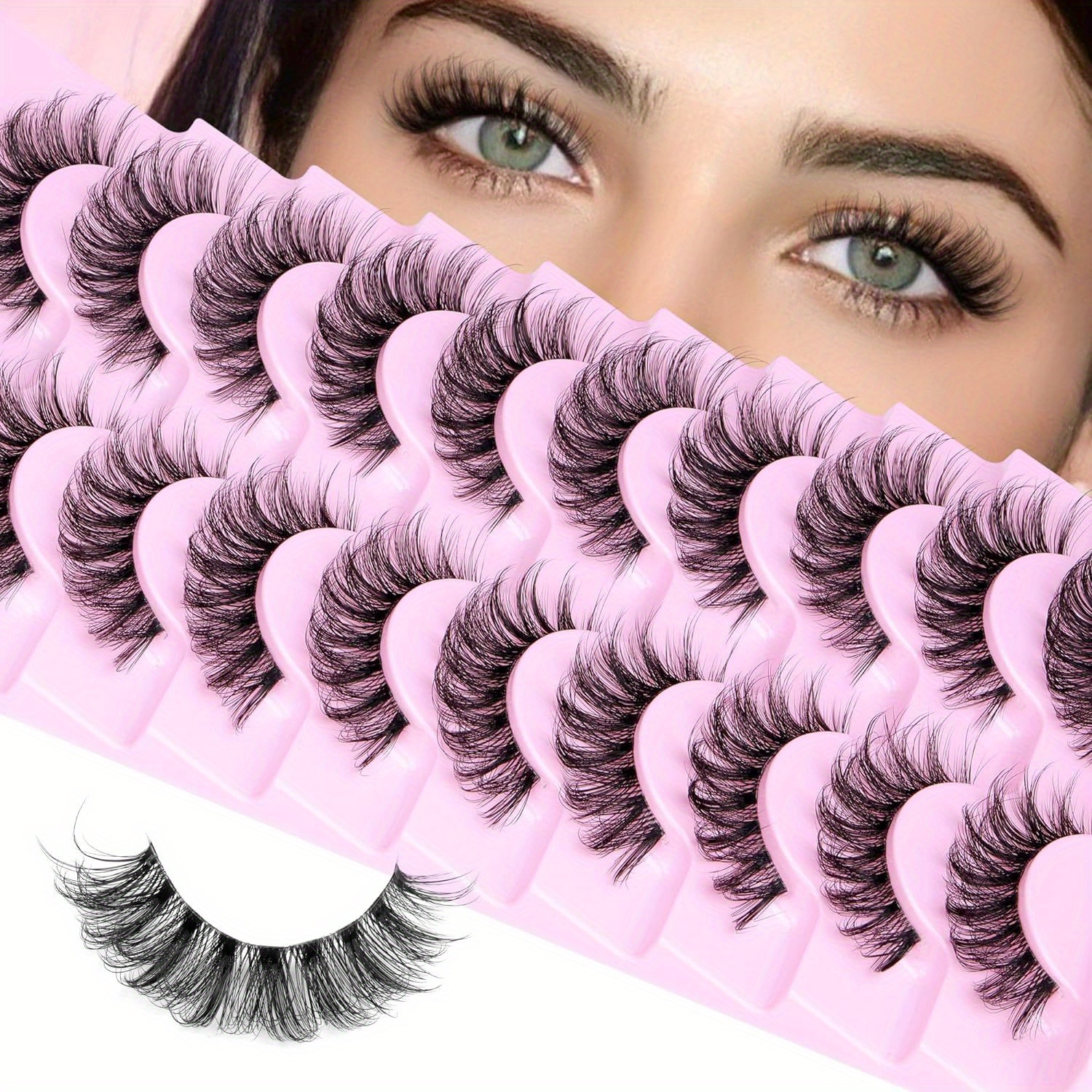 

10 Pairs Fluffy & Wispy 3d Volume False Eyelashes - D , Natural Look With Clear Bands Eyelash Curlers Fluffy Eyelashes