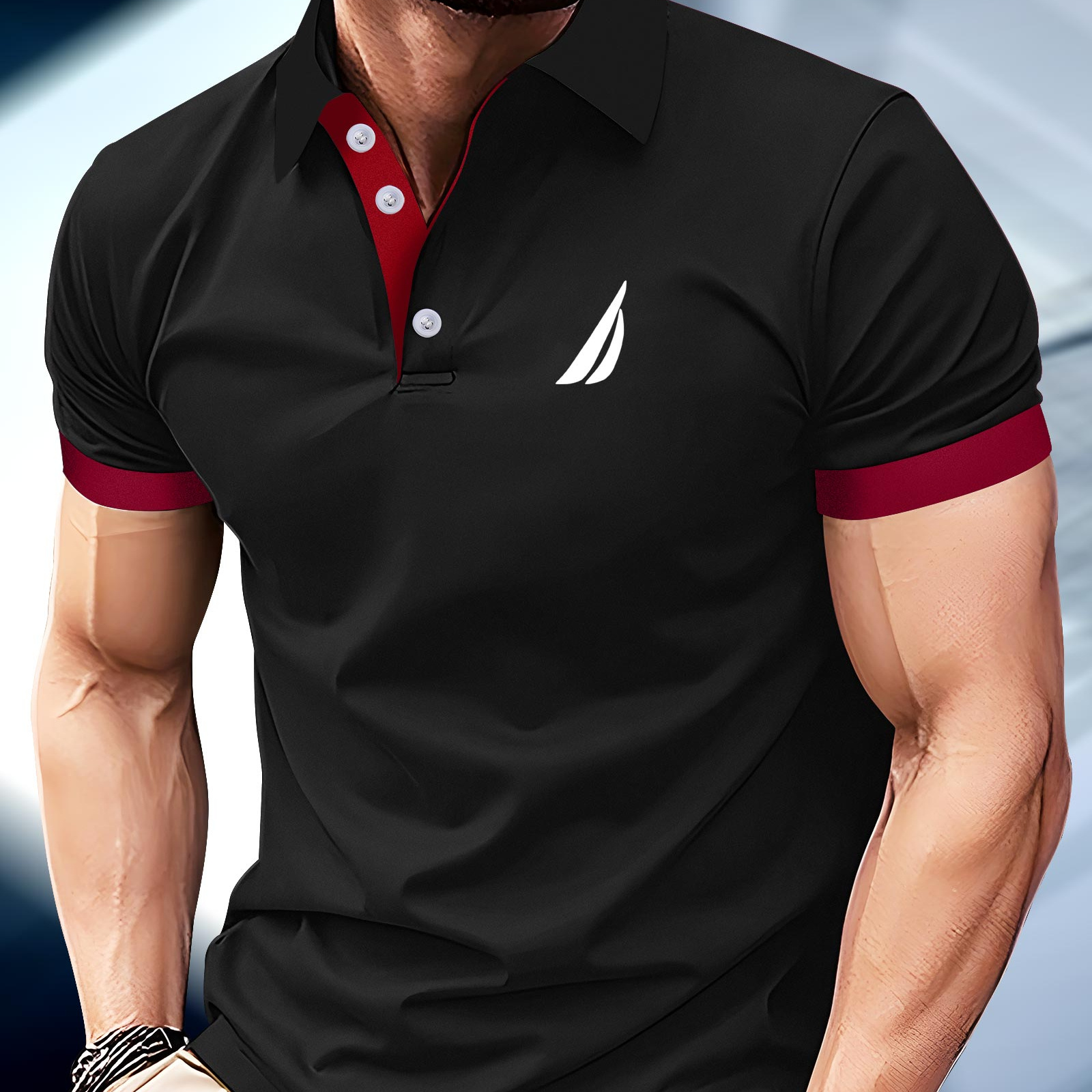 

Sport Shape Line Print Men's Business Golf Shirt, Comfy Short Sleeve Top For Summer Clothing