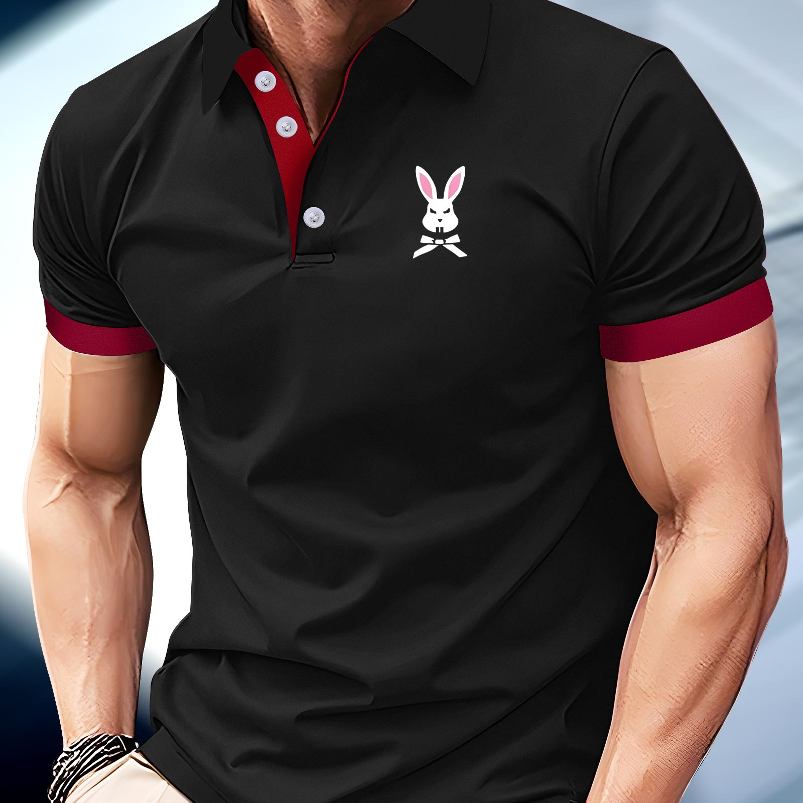 

Rabbit Print Men's Trendy Henley T-shirt, Fashion Short Sleeve Casual Golf Tee, Comfy Breathable Lapel Business Top For Spring Summer Tennis Outdoor Activities Holiday As Gifts