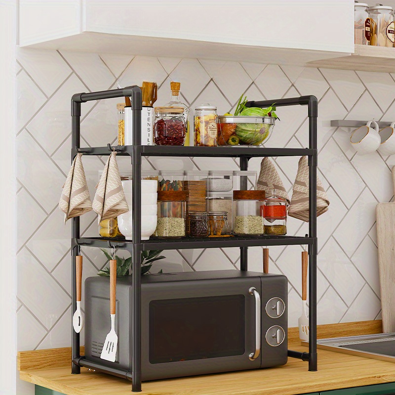 

Extra-wide & Thick Microwave Stand With Oven And Bread Maker Shelf - Double Layer Kitchen Organizer With Armrest Hooks For Seasoning Storage, No Assembly Required
