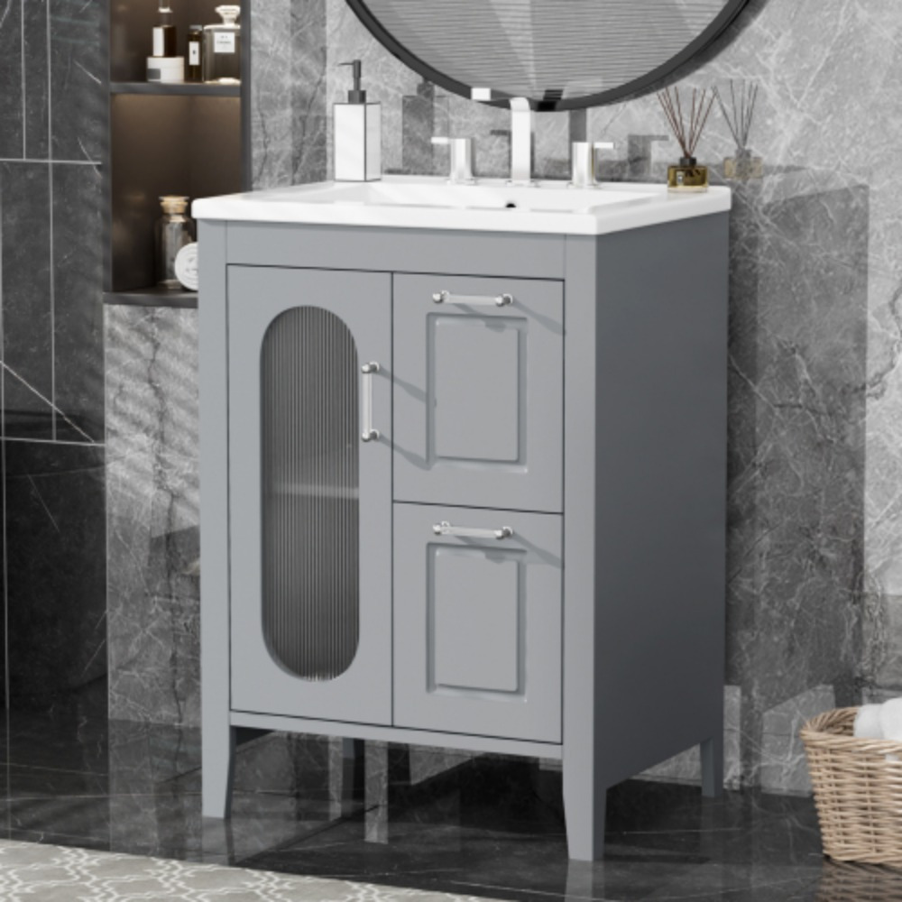 

24 Inch Bathroom Vanity With Sink, Bathroom Vanity With 2 Drawers And Door, Adjustable Shelf, Solid Wood Frame And Mdf Board, Ceramic Sink, 1 Package, Grey