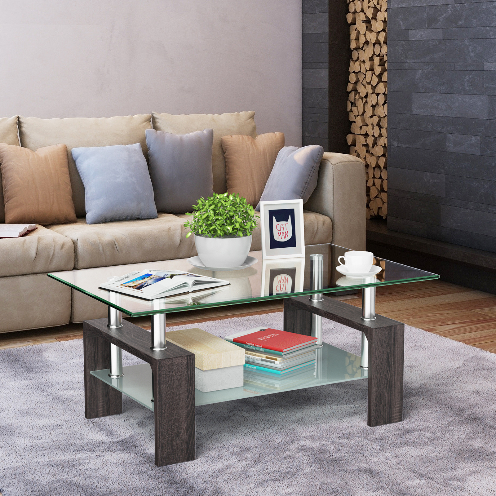 

Lifezeal Rectangle Glass Coffee Table End Side Table For Living Room Black