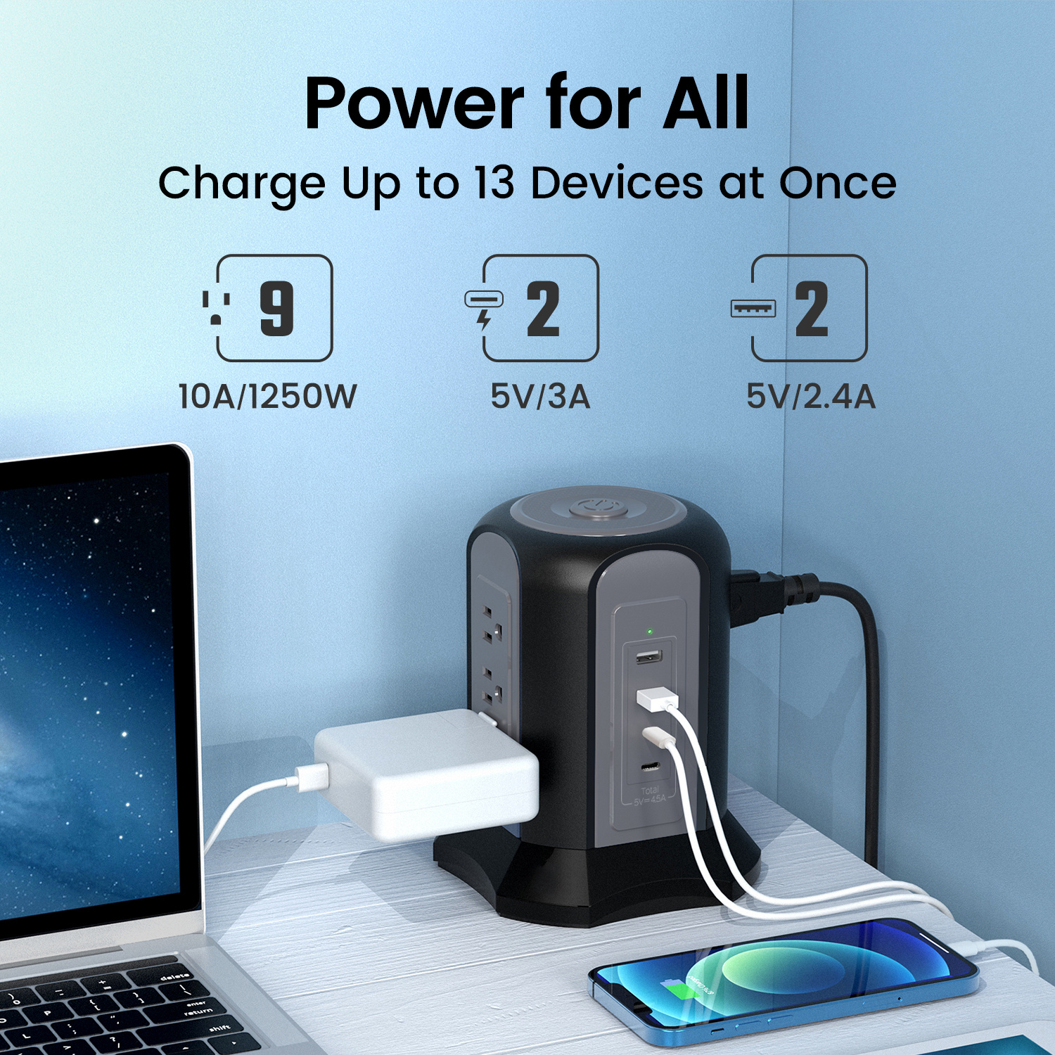 

Protector Power Strip Tower Desktop Charging Station 9 Ac Outlets 4 Usb Ports 10 Ft Extension Cord