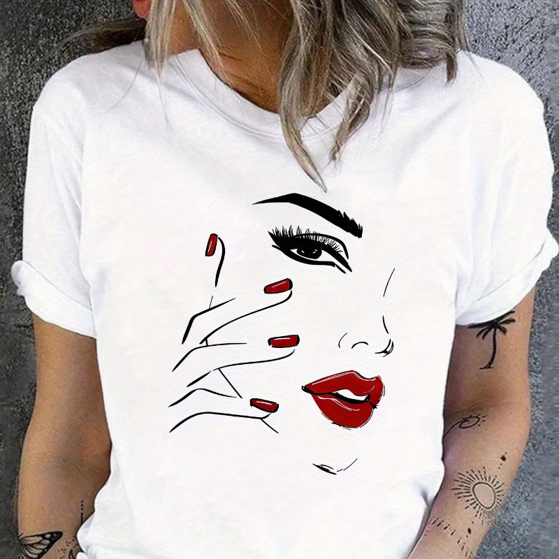 

Face Print T-shirt, Short Sleeve Crew Neck Casual Top For Summer & Spring, Women's Clothing